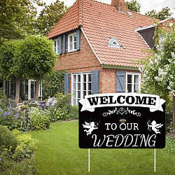 Plastic Yard Signs Display Decorations, for Outdoor Garden Decoration, Rectangle with Word WELCOME TO OUR WEDDING, Black, 230x360x4mm(DIY-WH0248-006)