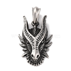 304 Stainless Steel Pendants, Dragon Head Charm, Antique Silver, 46.5x29x12.5mm, Hole: 11x7mm(STAS-U021-04AS)