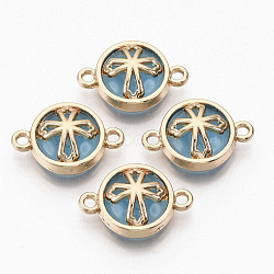 Glass Links connectors, with Light Gold Plated Alloy Findings, Flat Round with Cross, Light Sky Blue, 13.5x19.5x5.5mm, Hole: 1.6mm(X-GLAA-T015-12D)