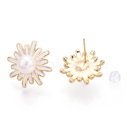 Daisy Flower Natural Pearl Stud Earrings with Enamel, Brass Earring with 925 Sterling Silver Pins, Real 18K Gold Plated, 18.5x18.5mm, Pin: 12x0.8mm(PEAR-N020-07G)