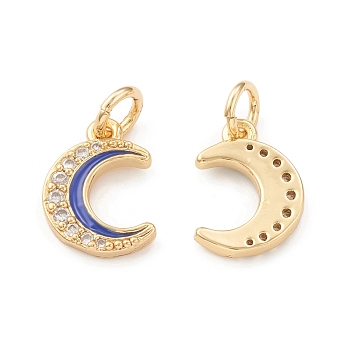 Eco-Friendly Brass Micro Pave Cubic Zirconia Charms, Enamel Moon, with Jump Ring, Lead Free & Cadmium Free, Real 18K Gold Plated, 12x9x1.5mm, Hole: 3.5mm