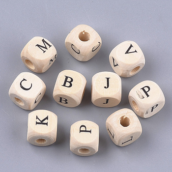 Natural Wooden European Beads, Horizontal Hole, Large Hole Beads, Undyed, Cube with Letter, Antique White, 10x9.5x9.5mm, Hole: 4mm, about 905pcs/500g