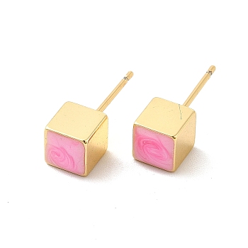 Enamel Cube Stud Earrings, Real 18K Gold Plated Brass Jewelry for Women, Pearl Pink, 6x6mm, Pin: 0.8mm