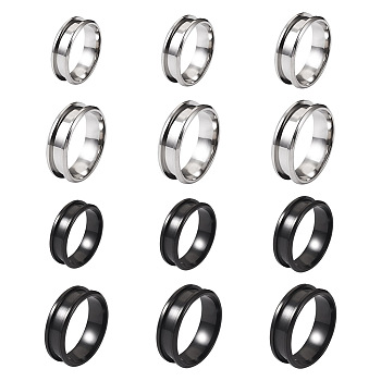 12Pcs 12 Style Stainless Steel Grooved Finger Ring Settings, Ring Core Blank, for Inlay Ring Jewelry Making, Gunmetal & Stainless Steel Color, 8mm, Inner Diameter: 17~22mm, 1pc/style