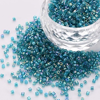Glass Cylinder Beads, Seed Beads, Transparent Colours Rainbow, Round Hole, Dark Turquoise, 1.5~2x1~2mm, Hole: 0.8mm, about 8000pcs/bag, about 1pound/bag