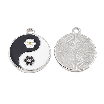 Alloy Enamel Pendants, Flat Round with Yin Yang & Flower Charm, Platinum, 21x18x2mm, Hole: 1.8mm