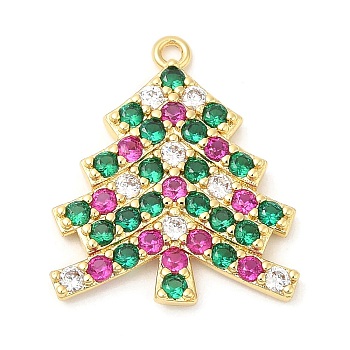 Rack Plating Brass Pave Cubic Zirconia Pendants, Long-Lasting Plated, Cadmium Free & Lead Free, Christmas Tree, Real 18K Gold Plated, 22x19x2.5mm, Hole: 1.5mm