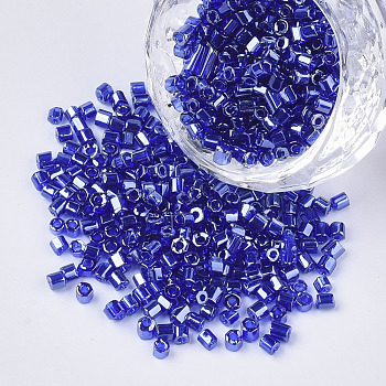 8/0 Two Cut Glass Seed Beads, Hexagon, Transparent Colours Luster, Blue, 2.5~3x2.5mm, Hole: 0.9mm, about 15000pcs/bag