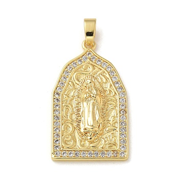 Brass Micro Pave Clear Cubic Zirconia Pendants, Virgin Mary Charms, Real 14K Gold Plated, Arch, 30x17.5x3mm, Hole: 5x3mm