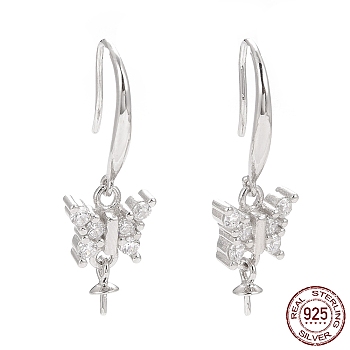 Rhodium Plated 925 Sterling Silver Earring Hooks, with Clear Cubic Zirconia, Butterfly, for Half Drilled Beads, Platinum, 27mm, 21 Gauge, Pin: 0.7mm and 0.6mm, Tray: 6x3mm