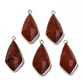 Natural Red Jasper Charms, with Golden Plated Brass Edge and Loop, Faceted, Rhombus, 35x17.5x8.5mm, Hole: 2mm