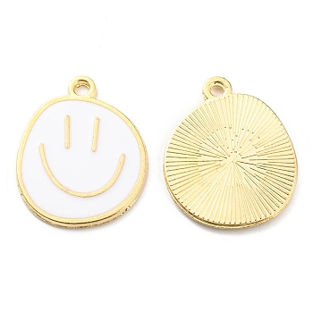 Alloy Enamel Pendants, Golden, Flat Round with Smiling Face Charm, White, 24.5x20x1.5mm, Hole: 2mm