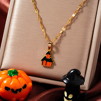 Halloween Stainless Steel Dark Orange Enamel Haunted House Pendant Necklaces European American Fashion Jewelry, Golden, 15.75 inch(40cm)