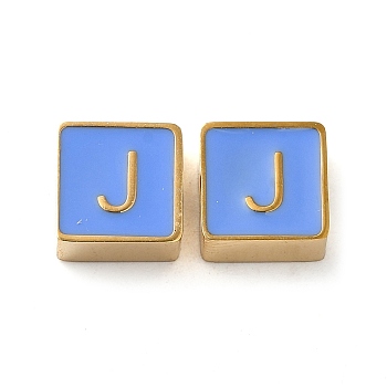 304 Stainless Steel Enamel Beads, Real 14K Gold Plated, Square with Letter, Letter J, 8x8x4mm, Hole: 2mm
