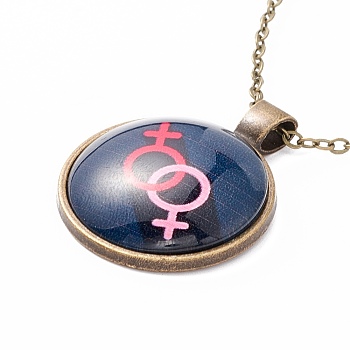 Rainbow Pride Necklace, Flat Round with Pattern Pendant Necklace for Men Women, Antique Bronze, Female Gender Symbol, 20.08 inch(51cm) 