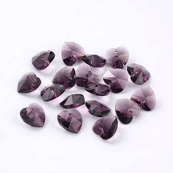 Romantic Valentines Ideas Glass Charms, Faceted Heart Charm, Purple, 10x10x5mm, Hole: 1mm