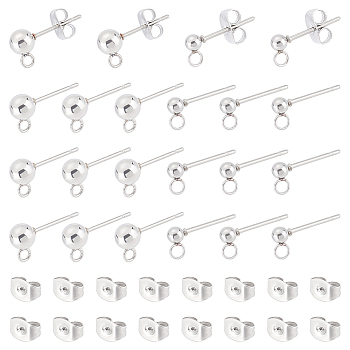 202 Stainless Steel Ball Stud Earring Findings, with 304 Stainless Steel Pins and Loop, Round, with 304 Stainless Steel Ear Nuts, Stainless Steel Color, 6.8x5.2x1.1cm, 80pcs/box