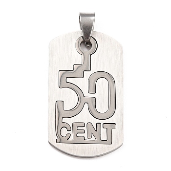Titanium Steel Pendants, Split Dog Tag Pendant, Rectangle with Word CENT & Number 50, Stainless Steel Color & Silver Color Plated, 42.5x20.5x1.5mm, Hole: 6x4mm