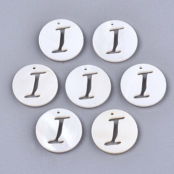 Natural Freshwater Shell Charms, Flat Round with Hollow Out Letter, Letter.I, 14.5x1.5mm, Hole: 0.9mm