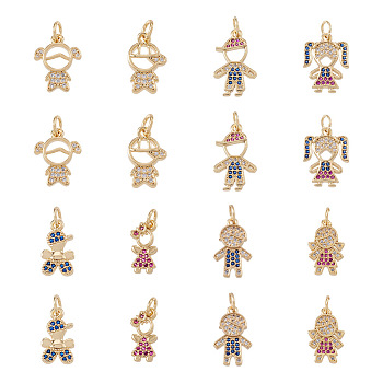 16Pcs 8 Style Brass Micro Pave Mixed Color Cubic Zirconia Pendants, Boy & Girl , Golden, 14~17.5x6.5~11.5x1.5~2.5mm, 2pcs/style
