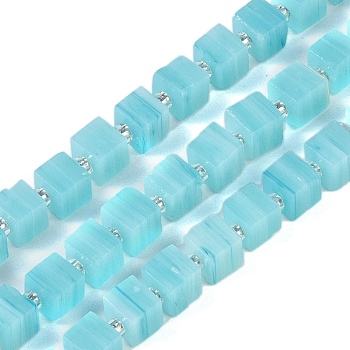 Handmade Nepalese Lampwork Beads Strands, 3D Cube Box Shape, Aqua, 5.5x6x5.5mm, Hole: 1mm, about 51~53pcs/strand, 15.59''~16.26''(39.6~41.3cm)