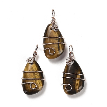 Natural Tiger Eye Pendants, Rack Plating Brass Wire Wrapped Gems Teardrop Charms, Cadmium Free & Lead Free, Rose Gold, 37~40x19~19.5x9.5~10mm, Hole: 4.5~5mm