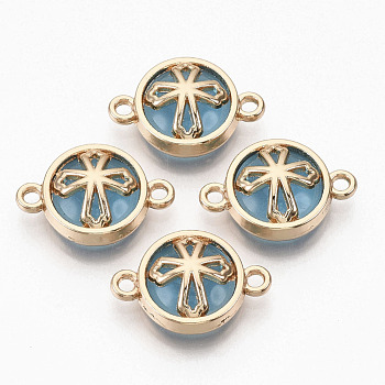 Glass Links connectors, with Light Gold Plated Alloy Findings, Flat Round with Cross, Light Sky Blue, 13.5x19.5x5.5mm, Hole: 1.6mm