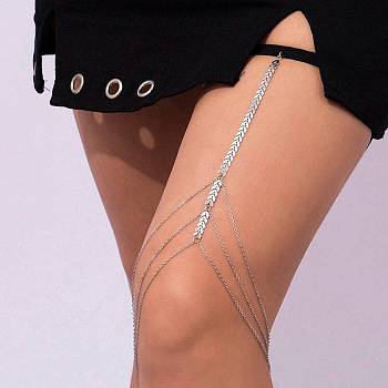 Arrow Tassel Alloy Thigh Chain, Lace Stretch Band Body Chain for Women, Platinum, 450~500mm