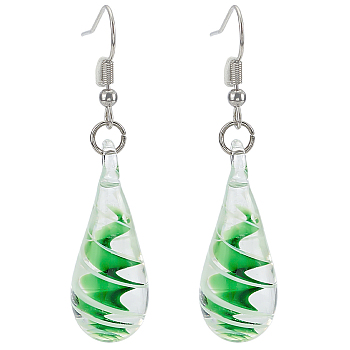 1 Pair Iron & Glass Teardrop with Spiral Pattern Dangle Earrings for Women, Green, 53mm, Pin: 0.7mm