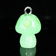Spray Painted Luminous Resin Pendants, Mushroom Charm, with Glitter Powder and Platinum Tone Iron Loops, Lime Green, 21.5x13.5mm, Hole: 2.5mm(RESI-A017-05B)