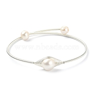 Natural Pearl Beaded Cuff Bangle, Steel Spring Wire Bangle, Silver, Inner Diameter: 2-1/4 inch(5.8cm)(BJEW-JB09494)