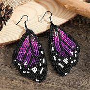 Bohemian Style Purple Butterfly Wing Glass Bead Handmade Dangle Earrings, Black, 90x42mm(GG1438)