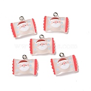 Christmas Theme Transparent Resin Pendants, with Platinum Tone Iron Loops, Candy Bag Charm with Santa Claus, Salmon, 17x20.5x5mm, Hole: 2mm(RESI-E022-01P-02)