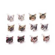 Real 14K Gold Plated Alloy Kitten Stud Earrings, with Enamel and Environment Stainless Steel Pin, Printed, Cat Pattern, Mixed Color, 10~10.5x10.5~11mm, pin: 0.7mm(EJEW-G148-01G-M)