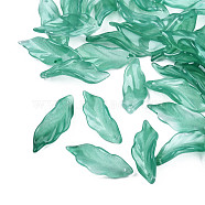 Transparent Spray Painted Glass Pendants, Leaf, Medium Sea Green, 33~34x12x7~9mm, Hole: 1.5mm(X-GLAA-N035-017-F04)