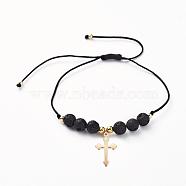 Adjustable Braided Bead Bracelets, with Natural Lava Rock Beads, Nylon Thread, Golden Plated 304 Stainless Steel Pendants and Brass Beads, Cross, 5/8 inch~3 inch(1.5~7.5cm)(BJEW-JB04899-03)