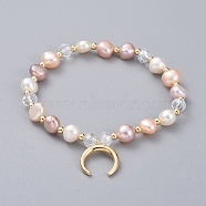 Charm Bracelets, with Natural Cultured Freshwater Pearl Beads, Glass Beads, Brass Round Spacer Beads and Brass Pendants, Crescent Moon, with Burlap Bags, Seashell Color, 2-1/8 inch(5.3cm)(BJEW-JB04925-06)