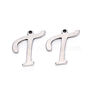 201 Stainless Steel Charms, Laser Cut, Stainless Steel Color, Letter.T, 13.5x13x1mm, Hole: 1mm(STAS-R105-T)