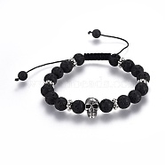 Adjustable Natural Lava Rock Braided Bead Bracelets, with Stainless Steel Beads and Tibetan Style Spacer Beads, Skull, 2 inch~3 inch(5.2~7.8cm), skull: 14x9x9mm(BJEW-JB03976)