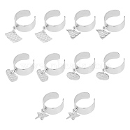 10Pcs 10 Style 304 Stainless Steel Open Cuff Rings Set, with Textured Charms, Star & Rhombus & Flat Round & Heart & Triangle, Stainless Steel Color, Inner Diameter: 17~18mm, 1Pc/style(RJEW-AB00001)