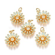 Brass Micro Pave Clear Cubic Zirconia Pendants, Long-Lasting Plated, with Enamel & Jump Rings, Flower, Real 18K Gold Plated, Aqua, 18.2x15.7x5.2mm, Hole: 3mm,  jump ring: 5x1mm(ZIRC-B002-34G-J)