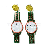 Sparkling Acrylic Watch Dangle Stud Earrings with 304 Stainless Steel Pins, Green, 86x26.5mm(EJEW-C063-01A)