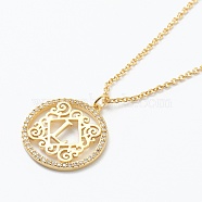 Brass Micro Pave Clear Cubic Zirconia Pendant Necklaces, Flat Round with Letter, Real 18K Gold Plated, Letter.L, 16.14~17.20 inch(41~43.7cm)(NJEW-J059-01L)