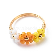 Glass Seed Braided Bead Flower Finger Rings, Gold Plated Copper Wire Wrap Jewelry for Women, Orange, US Size 8 1/2(18.5mm)(RJEW-TA00054-03)