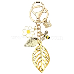 Alloy Enamel Keychain, Flower & Leaf & Bee, with Alloy Rings, Golden, 112mm(KEYC-YW00278)