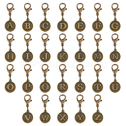 52Pcs Tibetan Style Alloy Alphabet Pendant Decorations, Lobster Clasp Charms, Clip-on Charms, for Keychain, Purse, Backpack Ornament, Stitch Marker, Antique Bronze, 32mm(AJEW-FH0002-85)