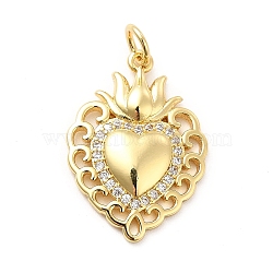 Rack Plating Brass Micro Pave Cubic Zirconia Pendants, Sacred Heart Charm, Mexican Milagro Flaming Holy Heart Pendant, Long-Lasting Plated, with Jump Rings, Cadmium Free & Lead Free, Real 18K Gold Plated, 23x16x2.5mm, Hole: 3mm(KK-K270-16G)