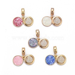 Brass Micro Pave Cubic Zirconia European Dangle Charms, Large Hole Pendants, with Freshwater Shell and Enamel, Flat Round with Heart, Golden, Mixed Color, 23mm, Hole: 4mm, Pendant: 11x2mm(ZIRC-E159-01)