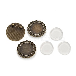 25mm Transparent Glass Cabochons and Vintage Alloy Flower Brooch Cabochon Bezel Settings, Nickel Free, Antique Bronze, Cabochon Setting: 35.5mm, Tray: 25mm, Pin: 0.8mm(DIY-X0189-AB-NF)