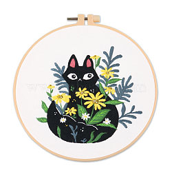 Cat & Plant Pattern DIY Embroidery Kits, Including Printed Cotton Fabric, Embroidery Thread & Needles, Imitation Bamboo Embroidery Hoop, Black, Hoop: 220x200mm(DARK-PW0001-155C)